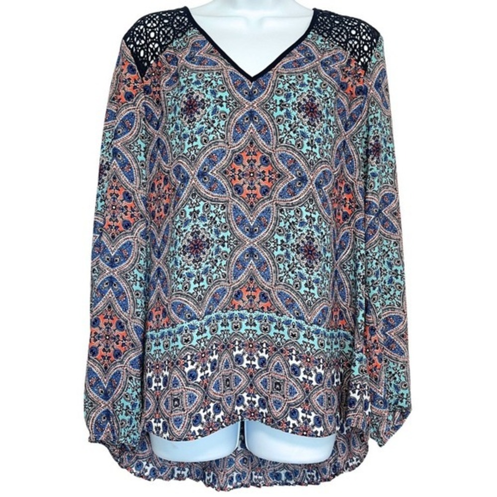 DR2 Blouse Womens L Paisley Long Sleeve Boho Tunic Top High Low Pleated Back